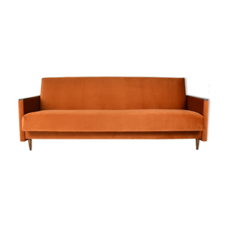 Original vintage sofa, convertible couch, fully renovated, 1960s, russet orange velvet