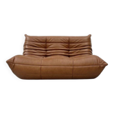French Togo 2-seater sofa in cognac leather attributed to Michel Ducaroy for Ligne Roset, 1970s
