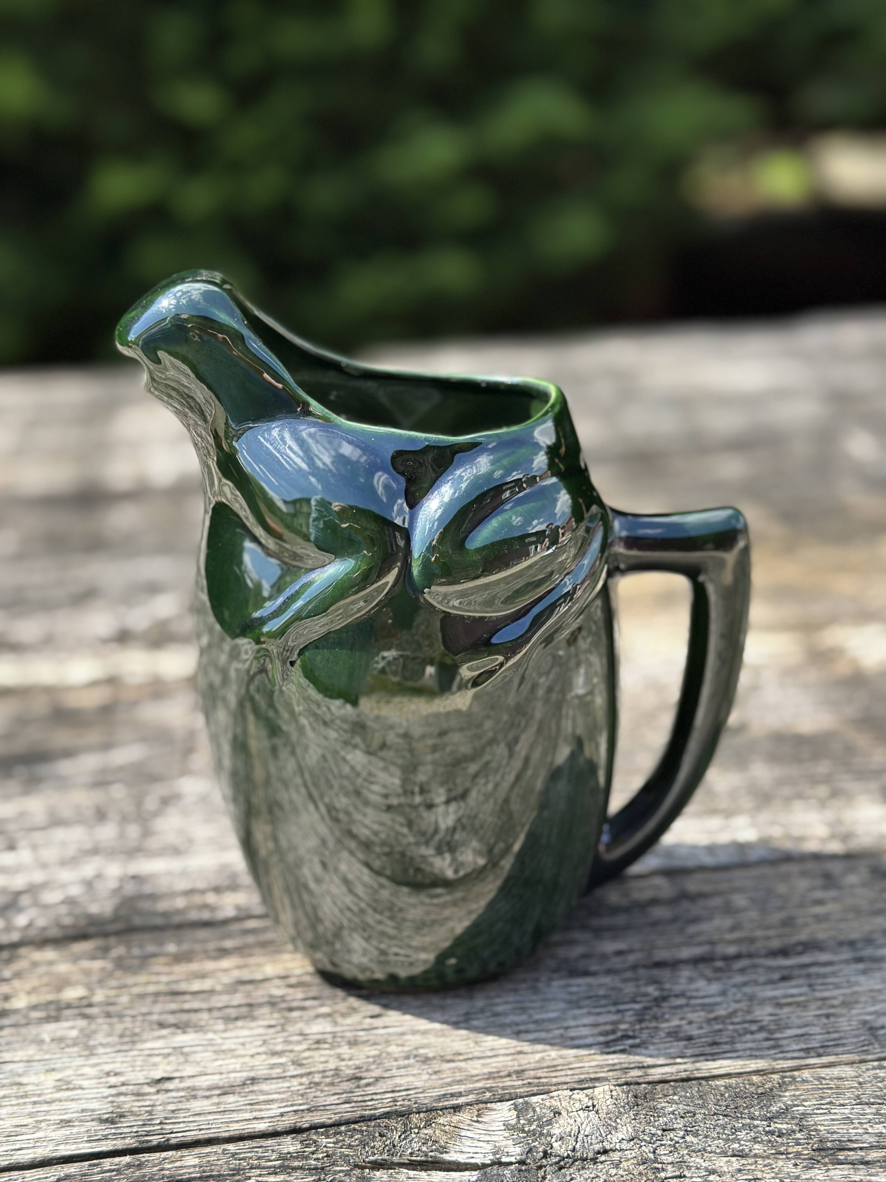 French ceramic dark green frog pitcher