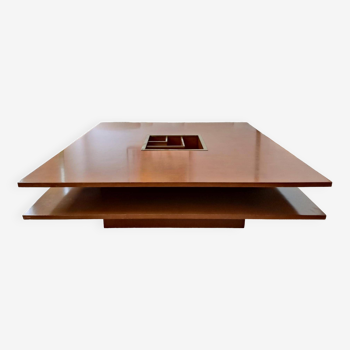 Grande table basse carrée bois & laiton - 1970s