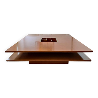 Grande table basse carrée bois & laiton - 1970s