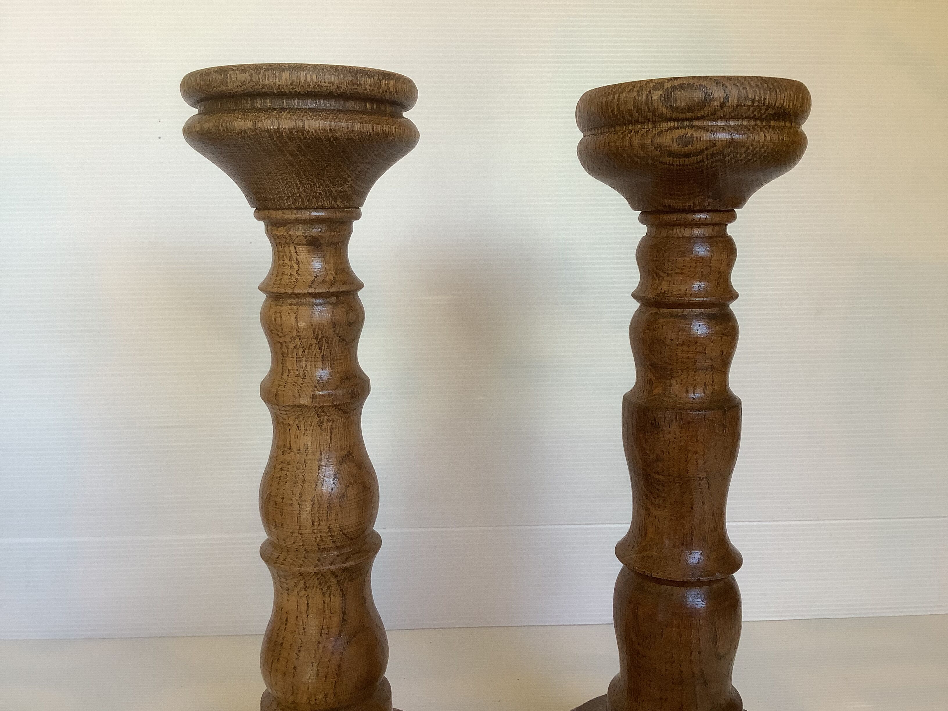 Pair old large wooden candle holders brutalist