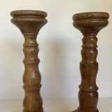 Paire anciens bougeoirs en bois brutaliste