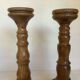 Pair old large wooden candle holders brutalist