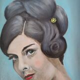 Tableau peinture à l'huile portrait femme 1960