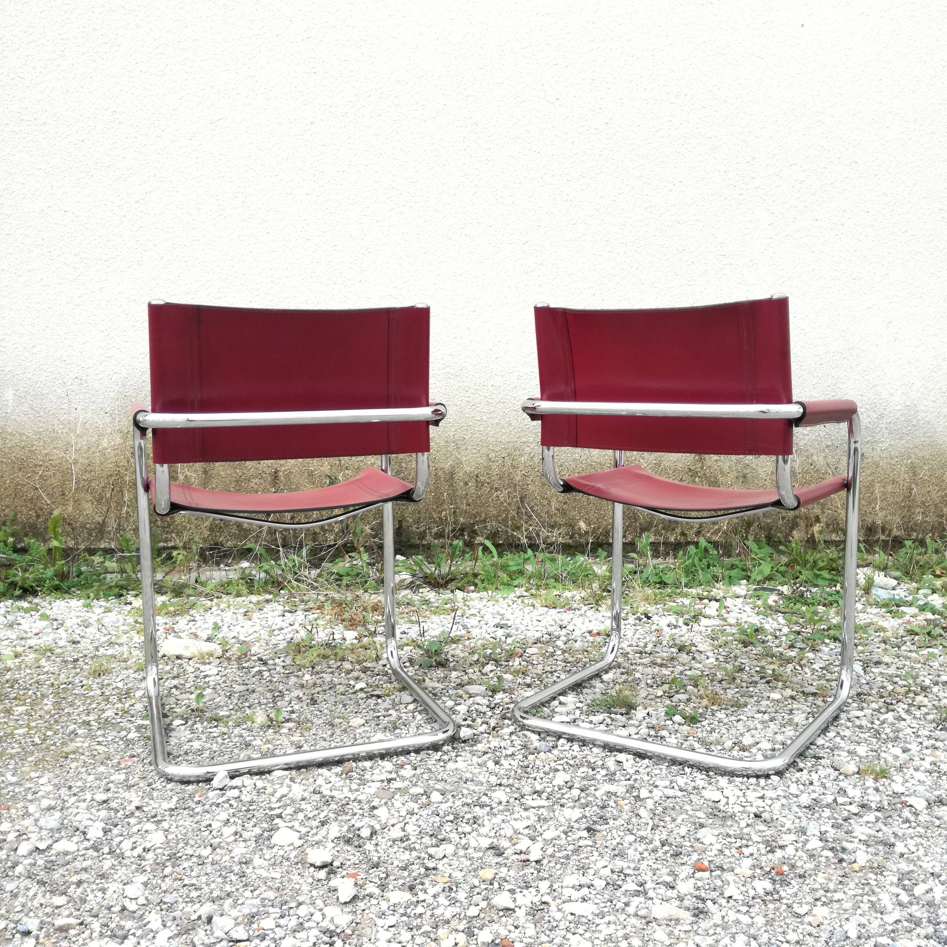 Cantilever armchair in burgundy leather and chrome