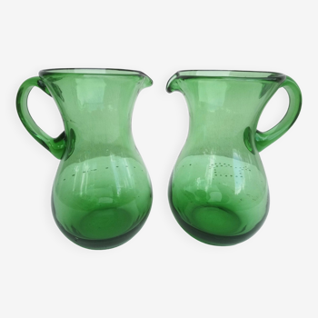 pair of vintage green glass pitchers/carafes/jugs
