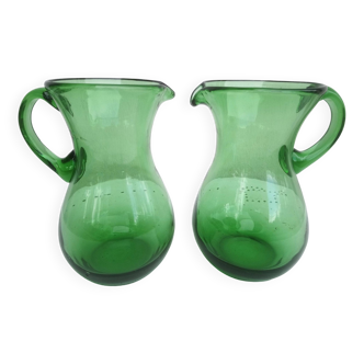 pair of vintage green glass pitchers/carafes/jugs