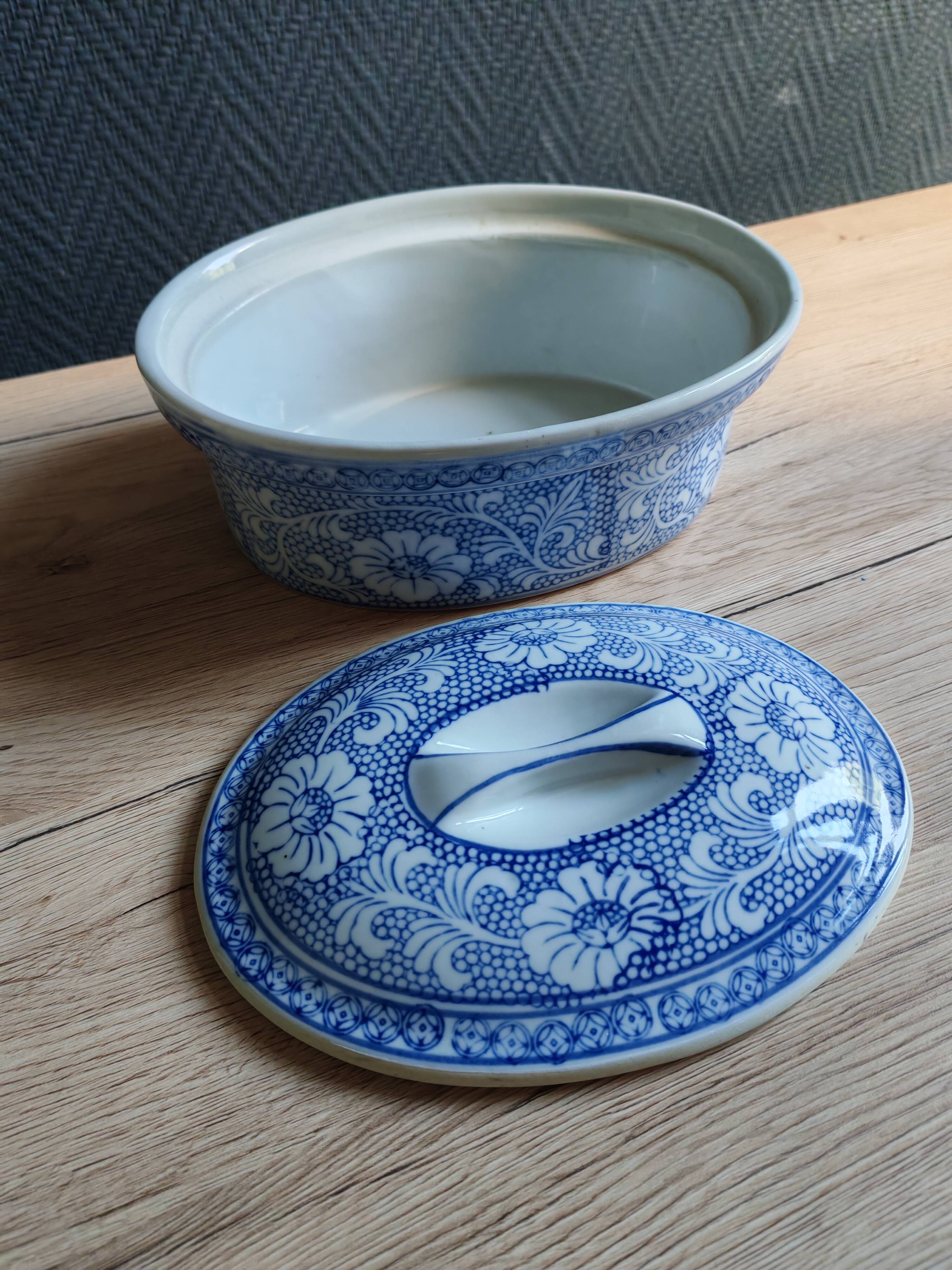 Oval Vintage Terrine in Blue and White Porcelain, Casserole with Lid