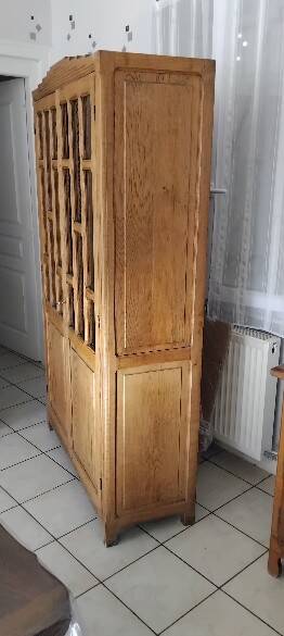 Parisian glass-fronted cabinet, Art Deco vintage bookshelf, solid oak furniture.