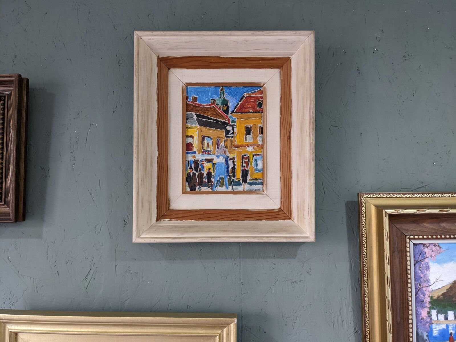 Mid-Century Modern Swedish Oil Painting "Pedestrians", Framed Street Scene
