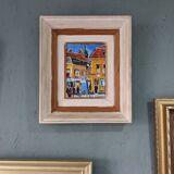 Mid-Century Modern Swedish Oil Painting "Pedestrians", Framed Street Scene