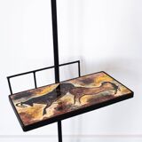 Black metal magazine rack floor lamp with ceramic shelf