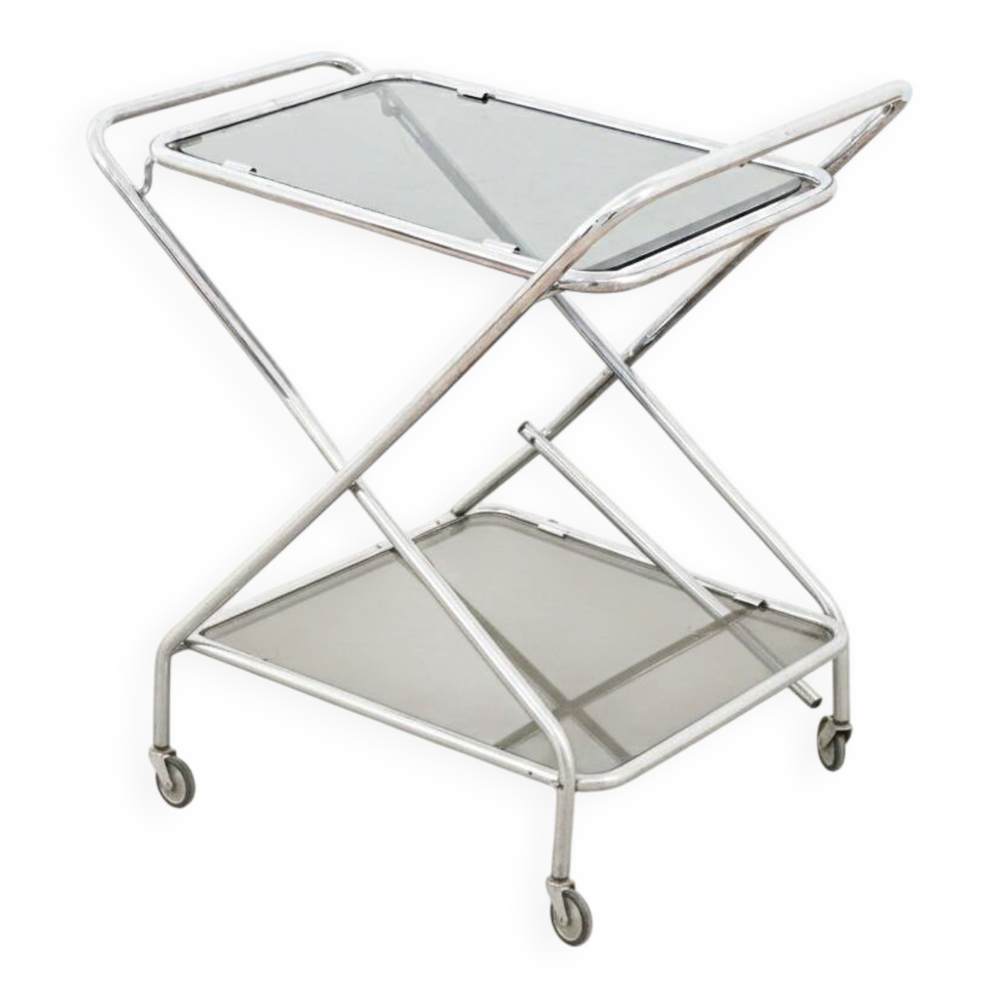 Desserte roulante moderniste en métal chromé et verre, années 1970