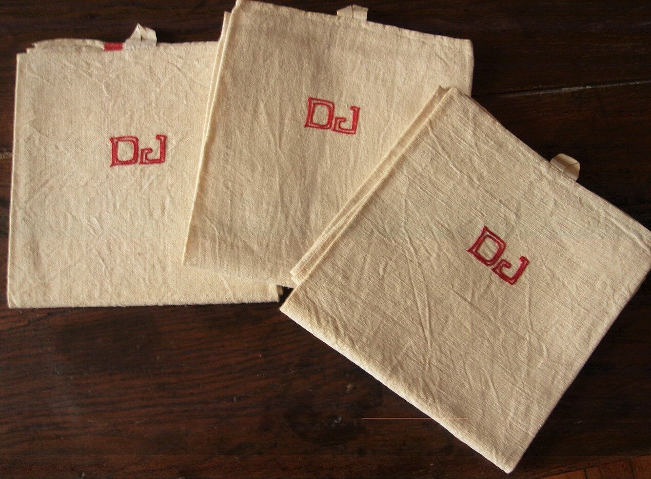Lot 3 towels linen strips red monograms D J