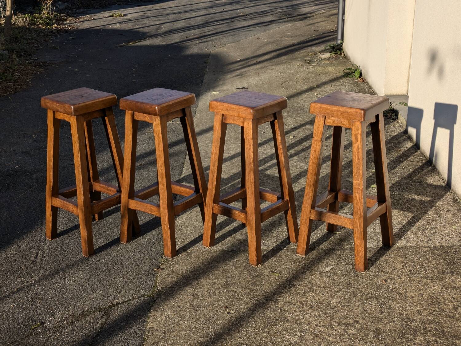 4 Bar Stools, Brutalist Solid Wood Vintage