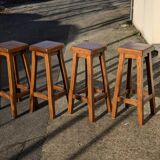 4 Bar Stools, Brutalist Solid Wood Vintage