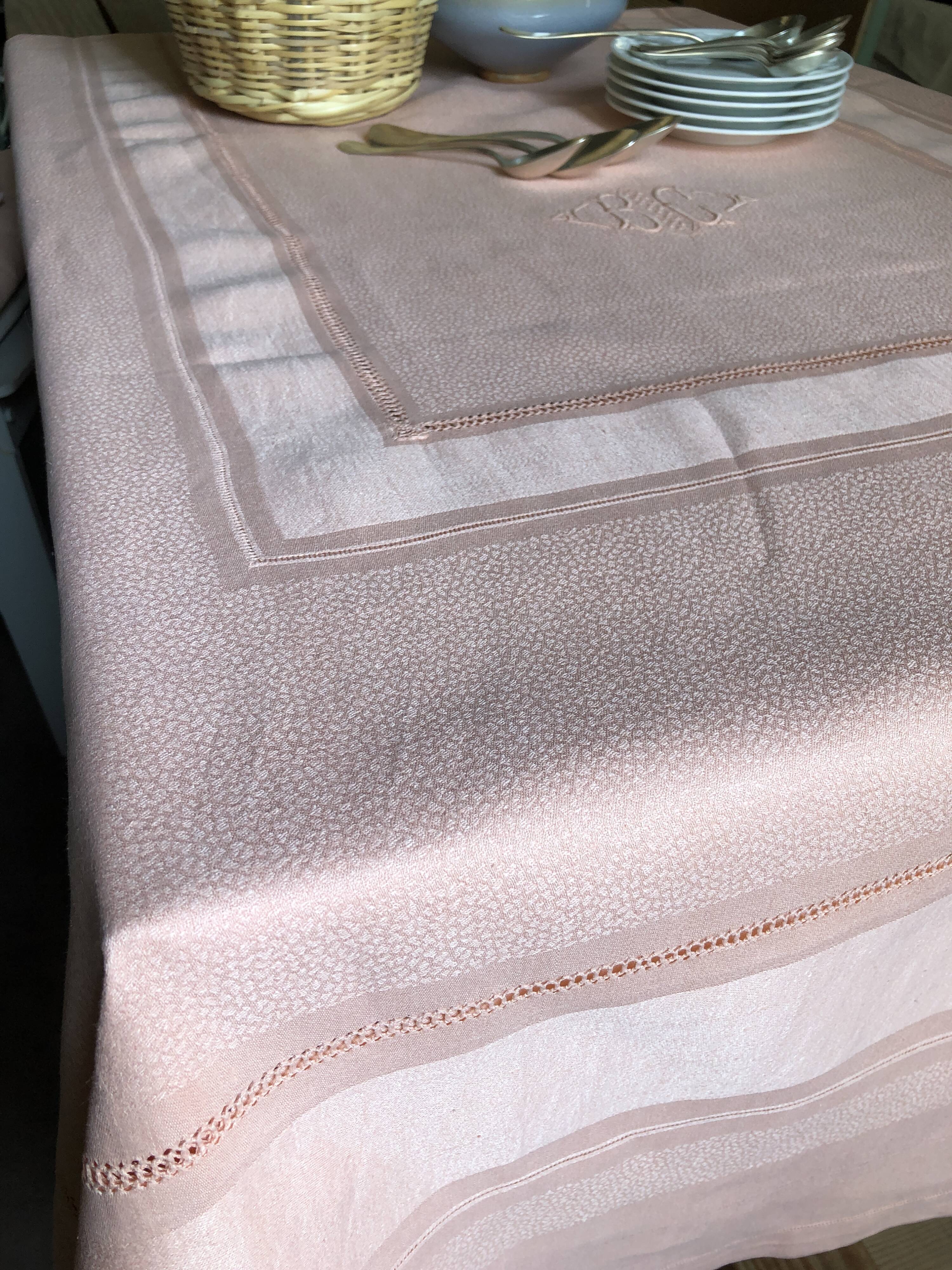 Old damsed tablecloth in linen and silk coral