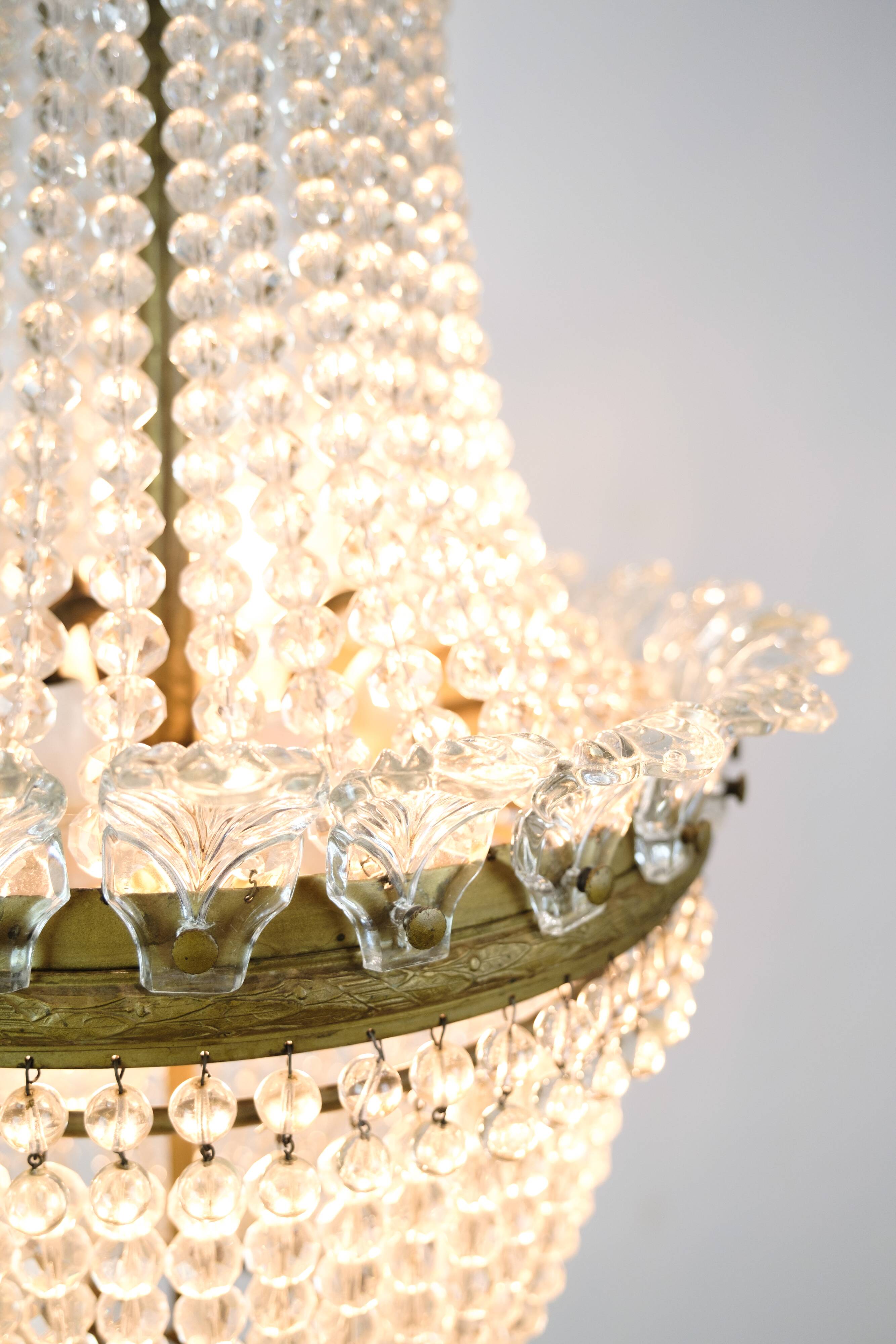 Antique Prism Chandelier Decorated In Brass, Bronze & Crystals From 1890s