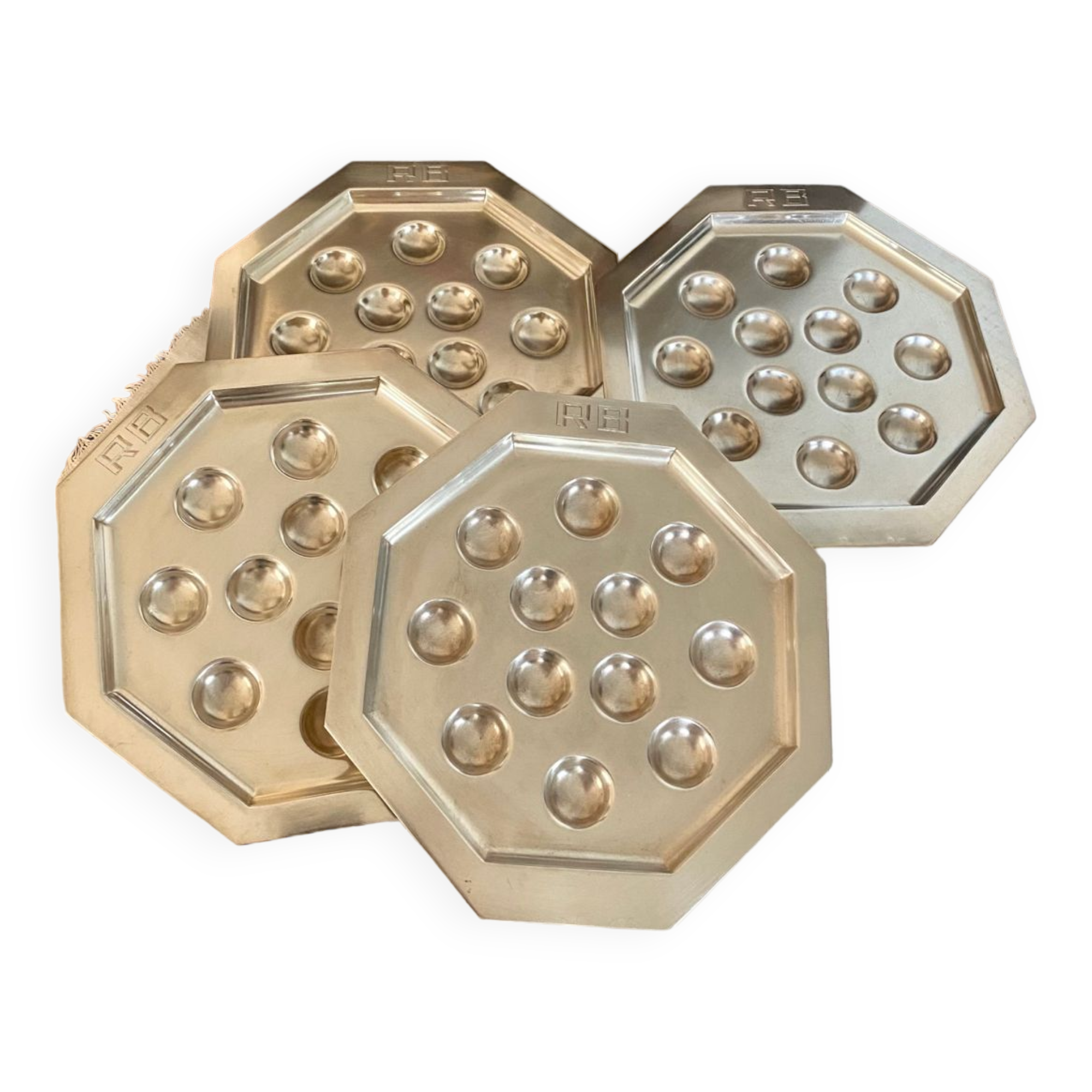 Vintage silver plated snail dishes, engraved silver serving trays.