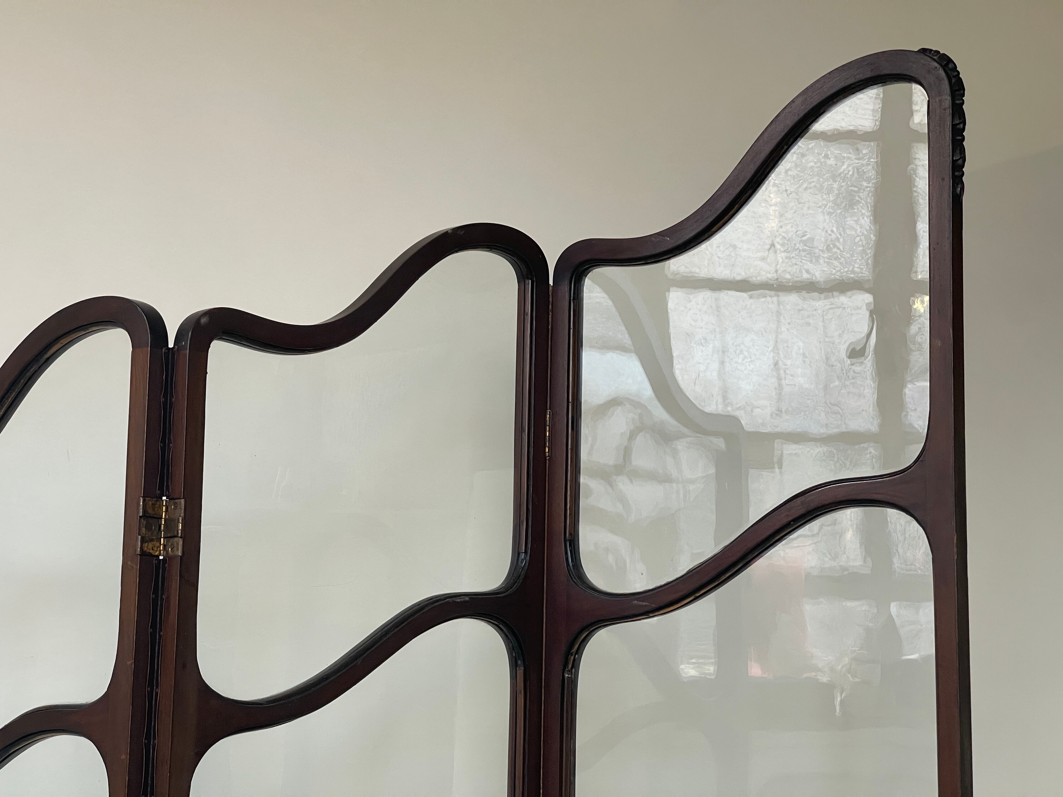 Art nouveau mahogany and glass concertina screen
