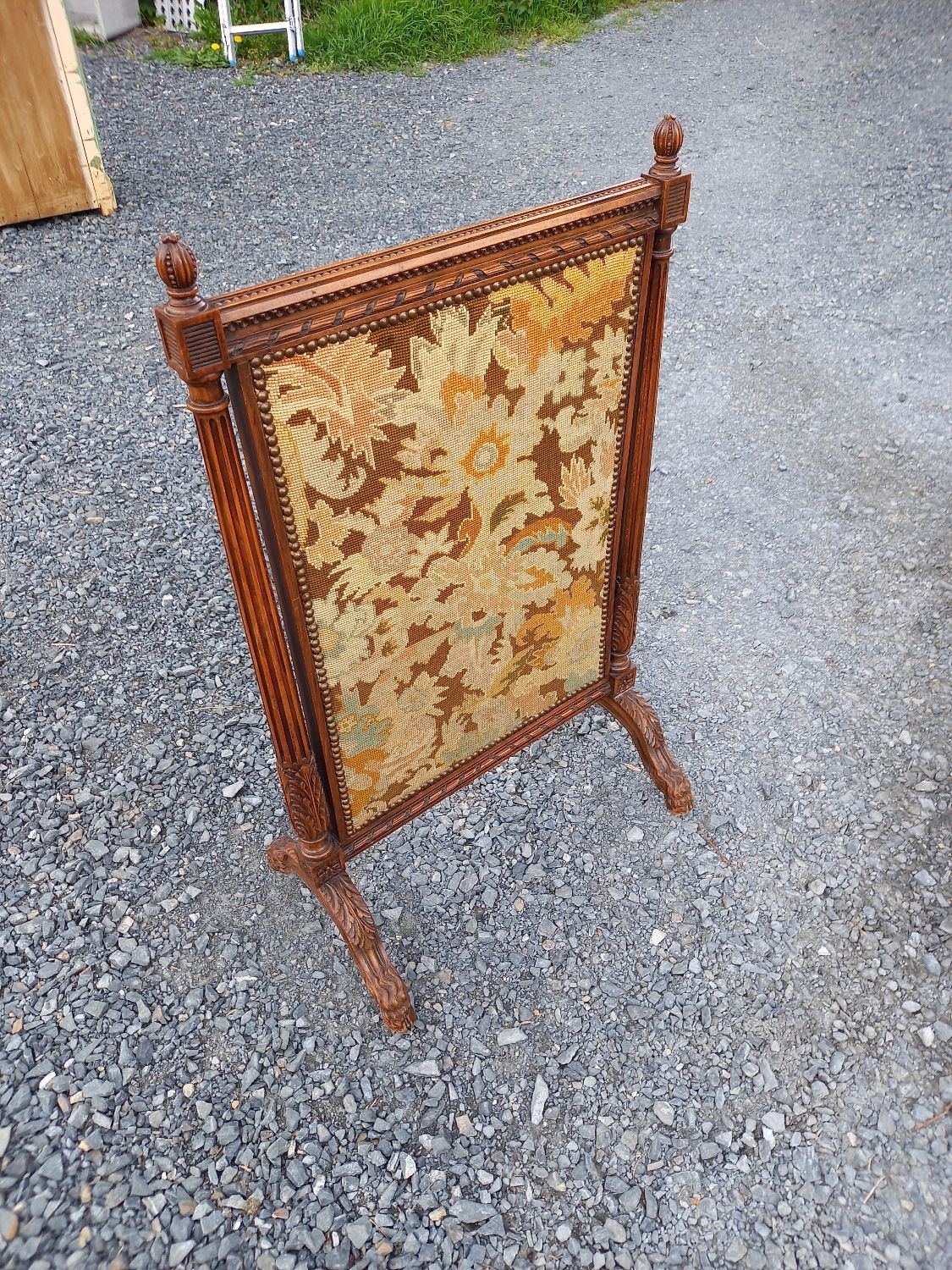 Ancien Pare-feu (écran De Cheminée) En Chêne Avec Tapisserie - Style Antique - Dimensions 50x59x23 Cm