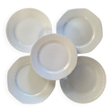5 mismatched old white plates.