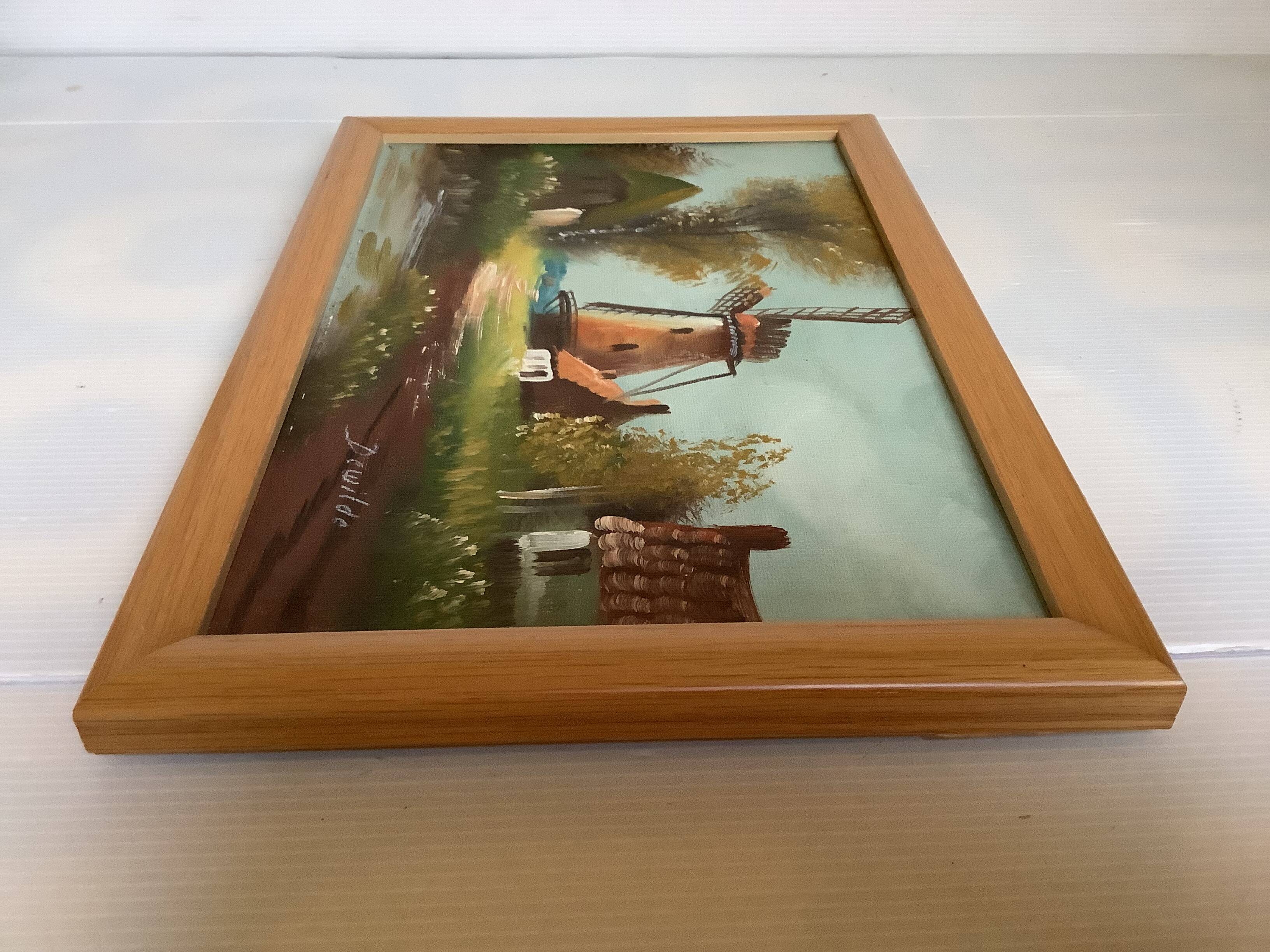 Small village painting with a mill, oil on canvas, signed.