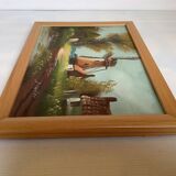 Small village painting with a mill, oil on canvas, signed.