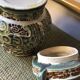 Stoneware pot with Asian decoration