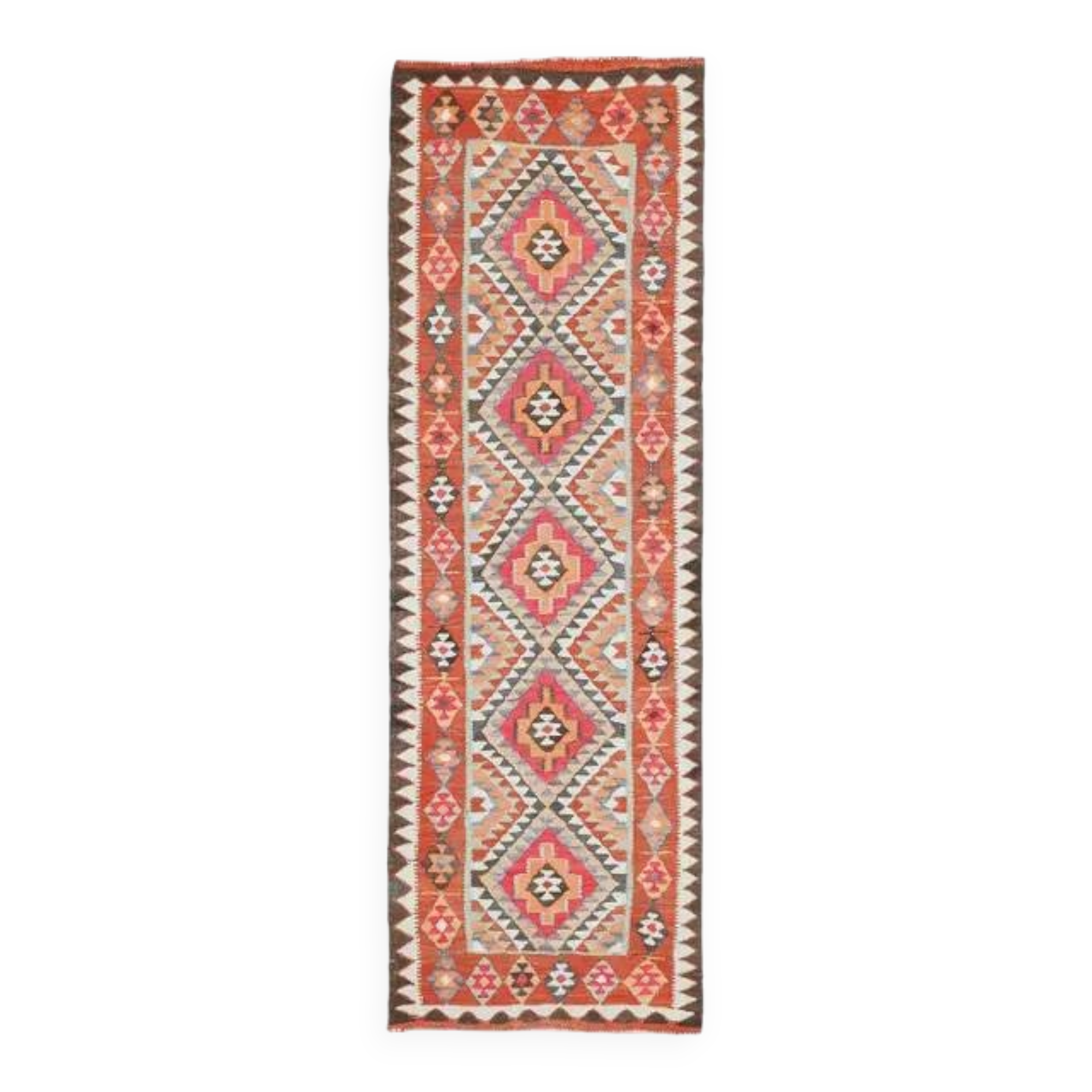 1970s vintage Turkish hand-knotted wool cotton brown runner rug 90x286