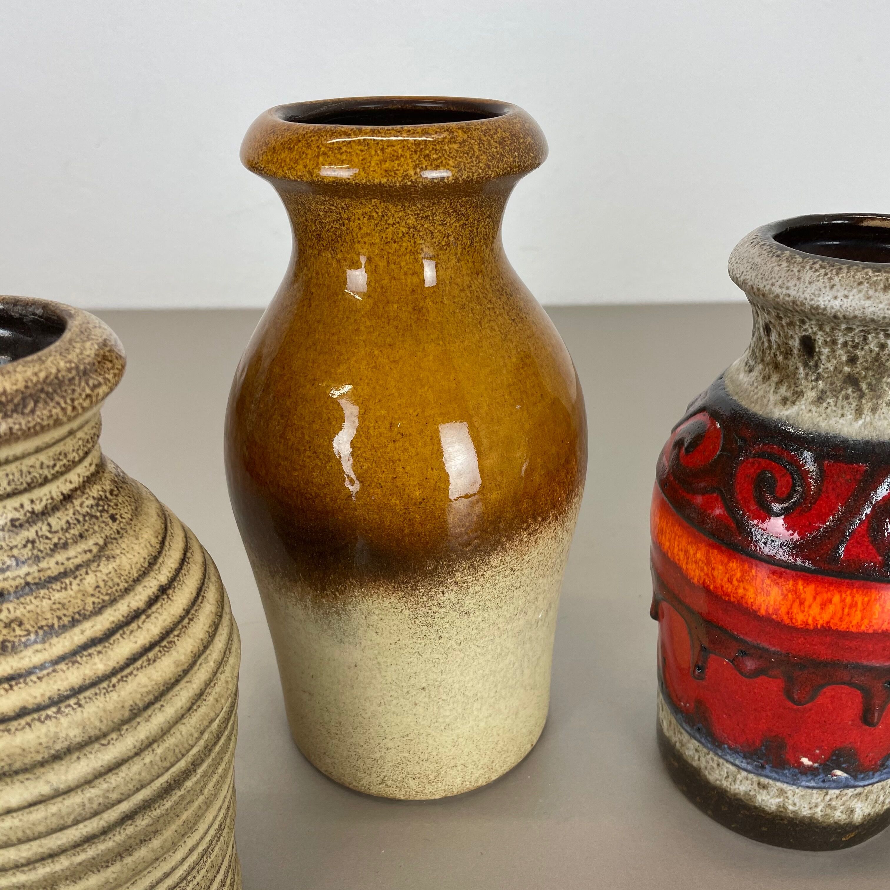 Set of five vintage pottery fat lava vases made by scheurich, germany, 1970s