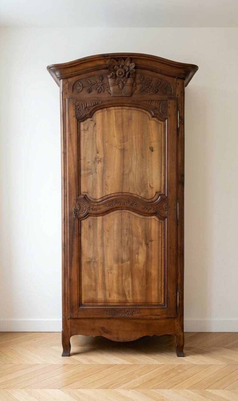 Antique carved wooden wardrobe with cornice.