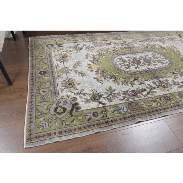 Vintage Turkish Oushak handmade wool cotton green area rug 108x225