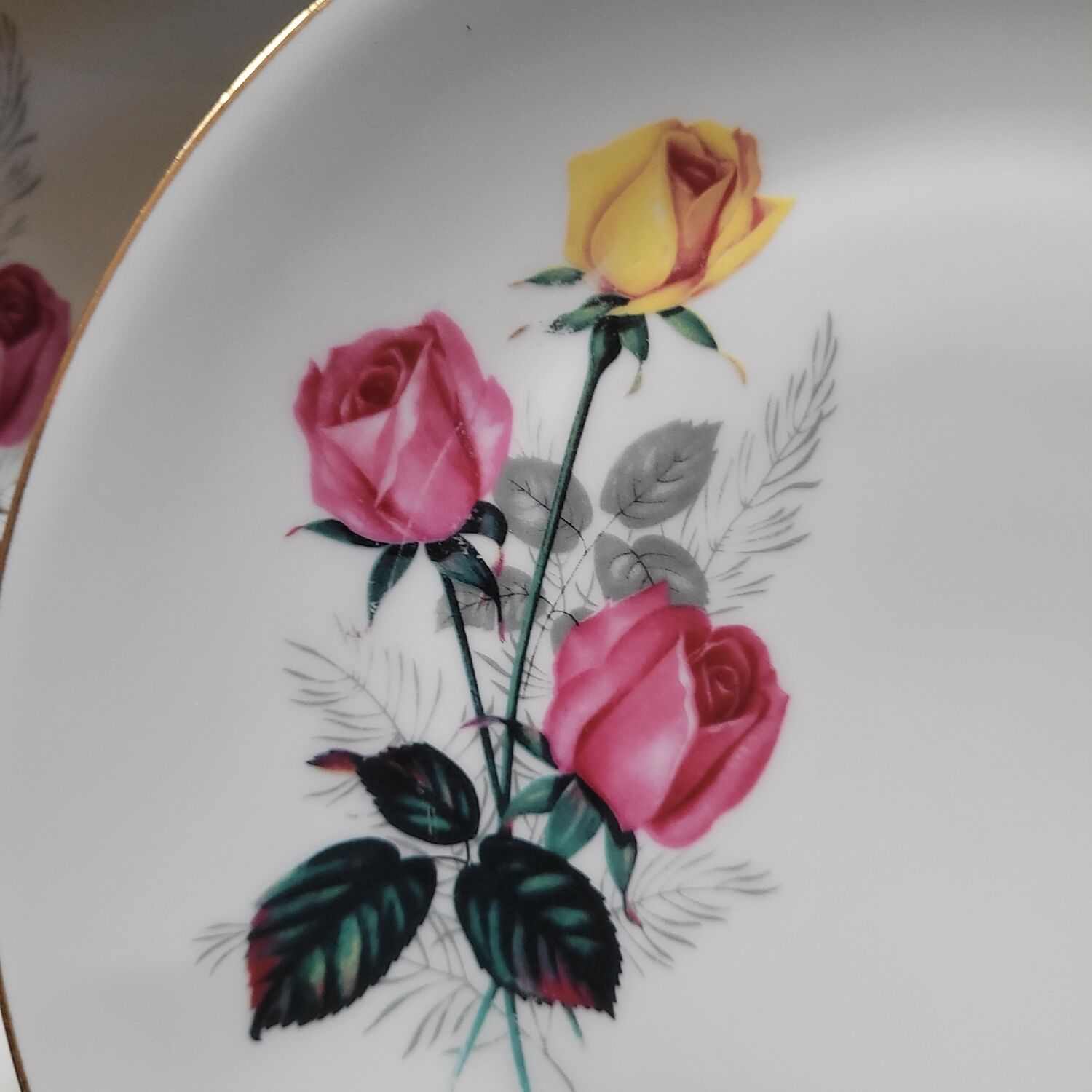 P.L. France porcelain dinner plates with roses — 1950s-60s