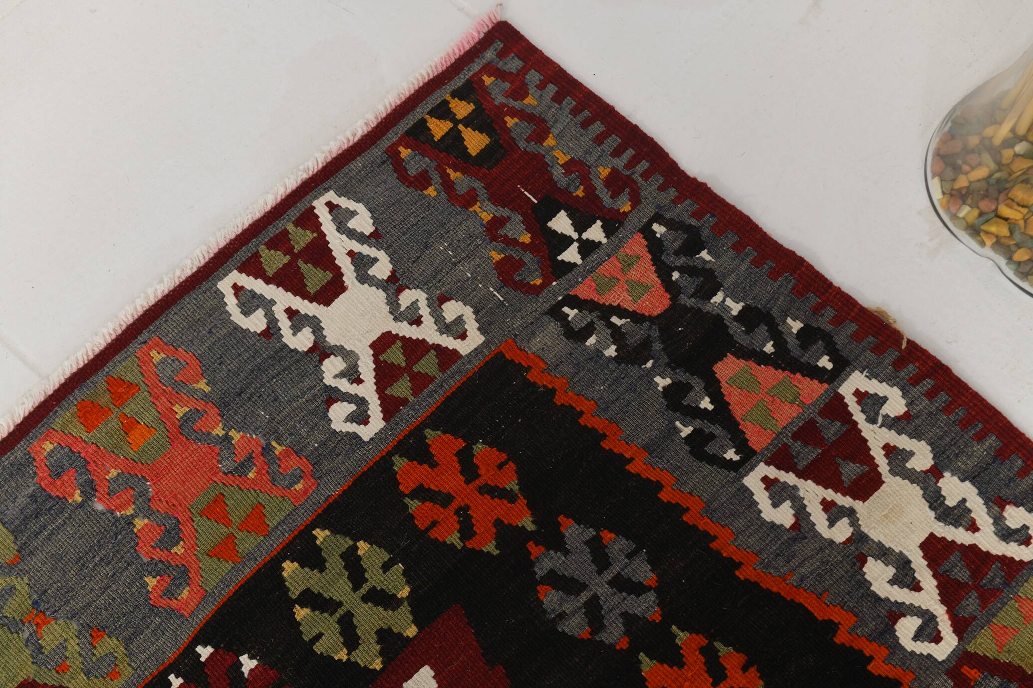 6x15 Wine Red & Green Vintage Kilim Rug, 198x468Cm