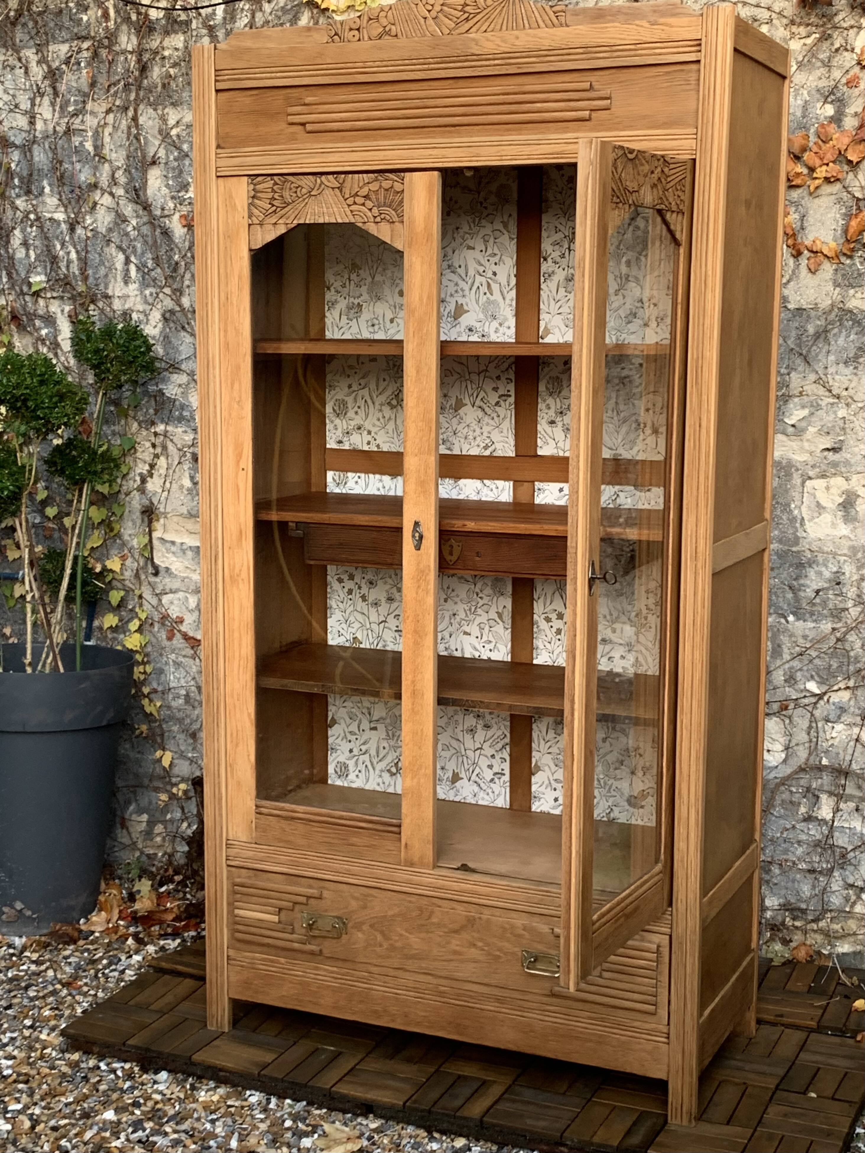 Parisian art deco glass cabinet in raw wood