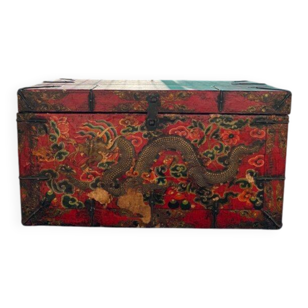 Coffre de rangement tibétain Gamaka à décor de dragon doré