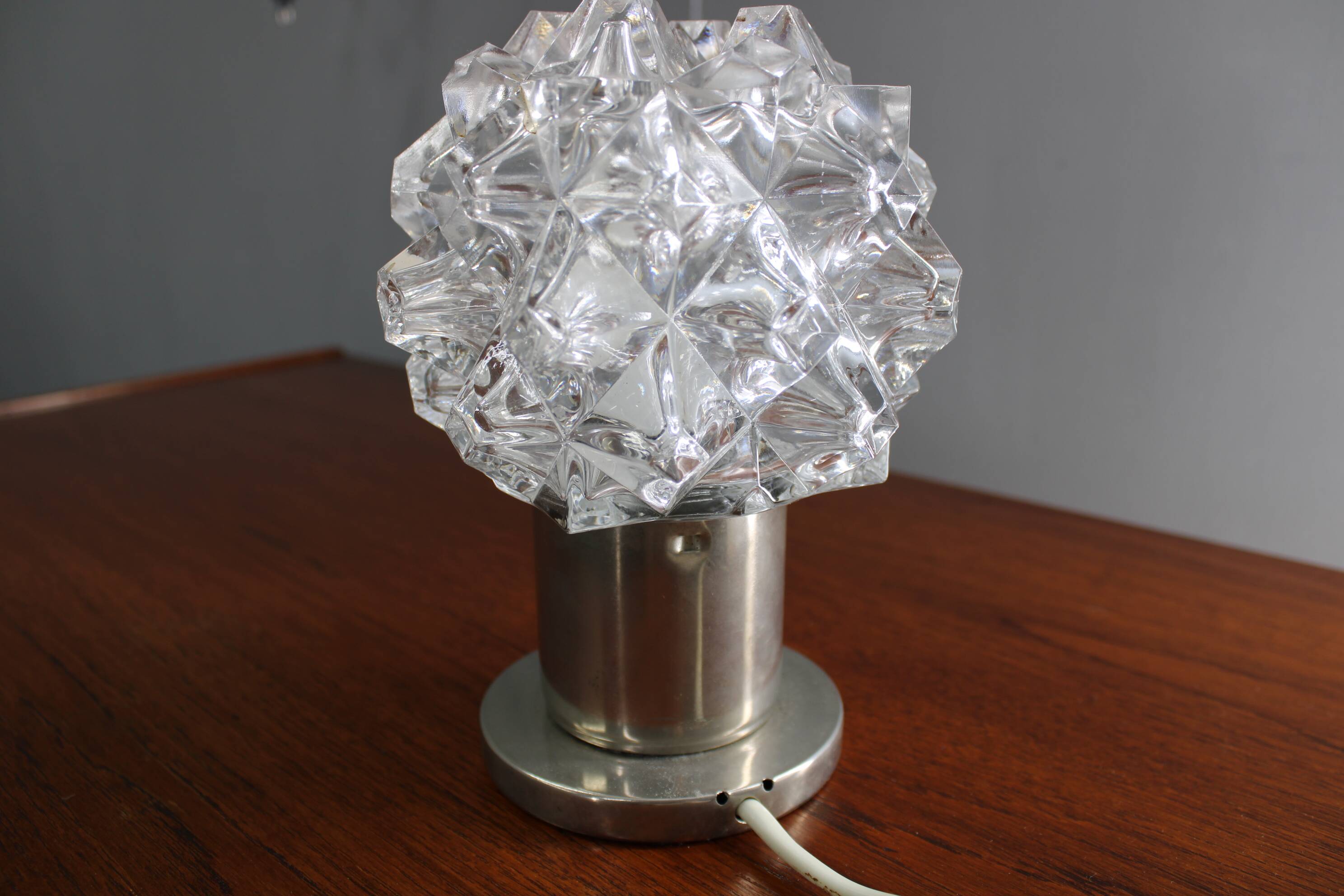 Mid Century Czech Crystal Glass Table Lamp, 1970s Chrome Base