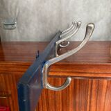 Old blue wood wall coat rack + 4 vintage aluminum hooks