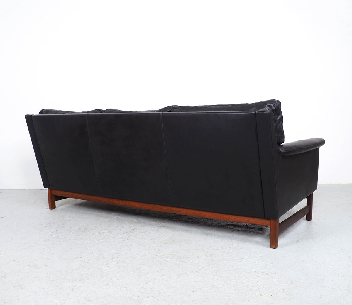 Danish design black leather and teak 3 seater sofa, 1960s