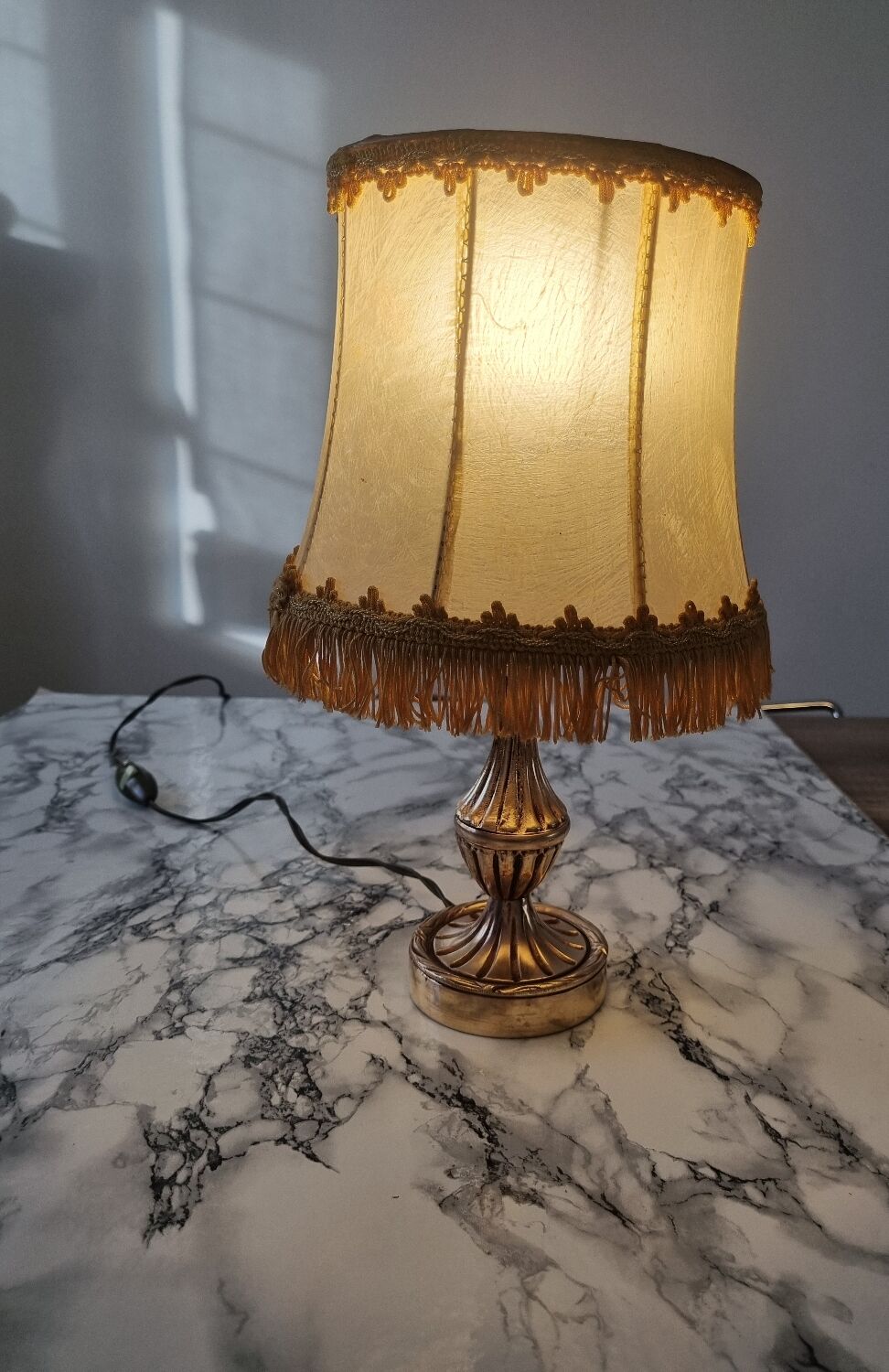 Brass lamp with vintage mother-of-pearl lampshade