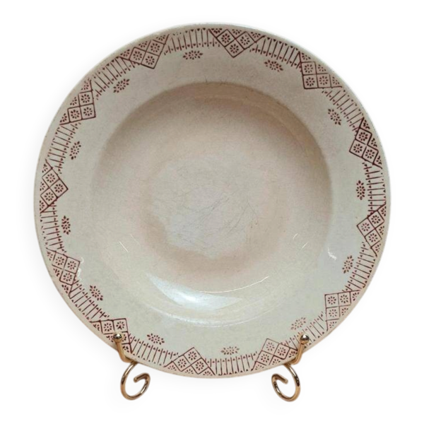 Assiette ancienne Gien en faïence, décor géométrique brun – esprit campagne