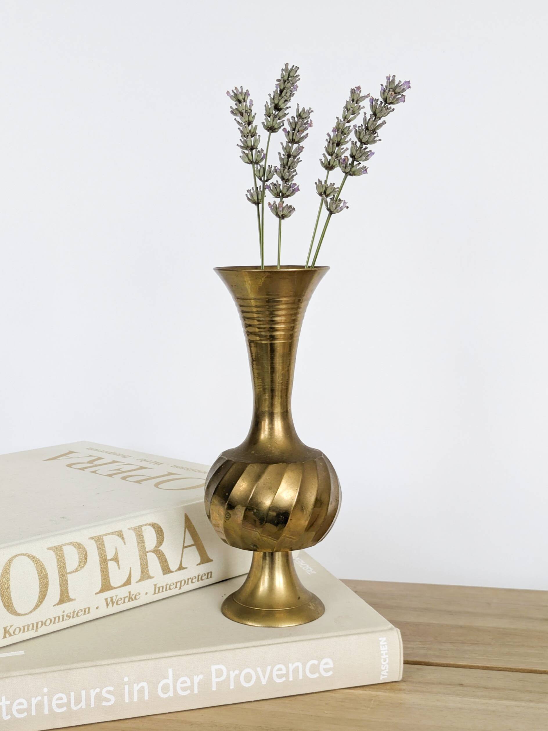 Solid brass Midcentury vase in trumpet shape with twisted details.