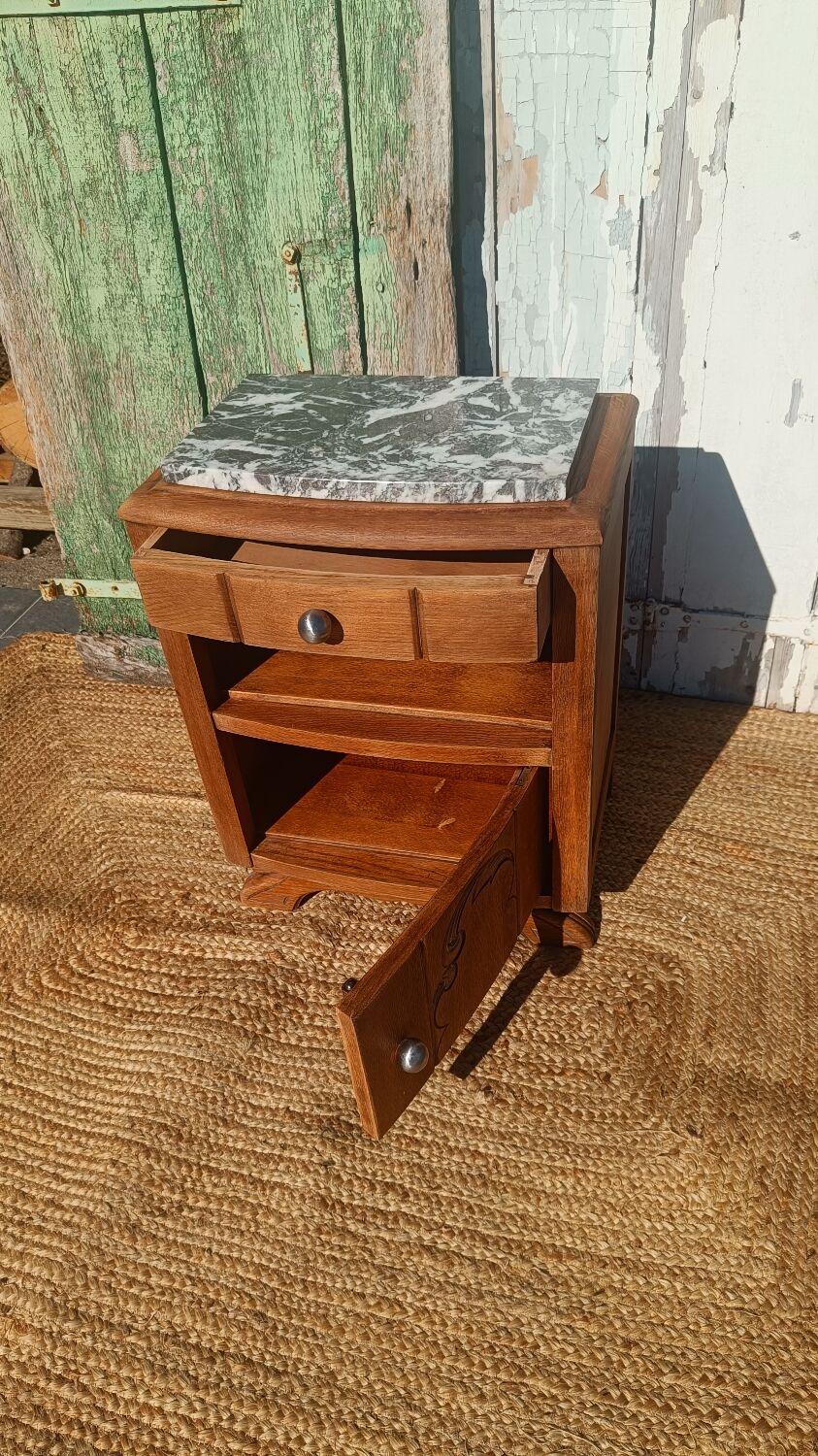 Antique bedside table in solid oak with a marble top.