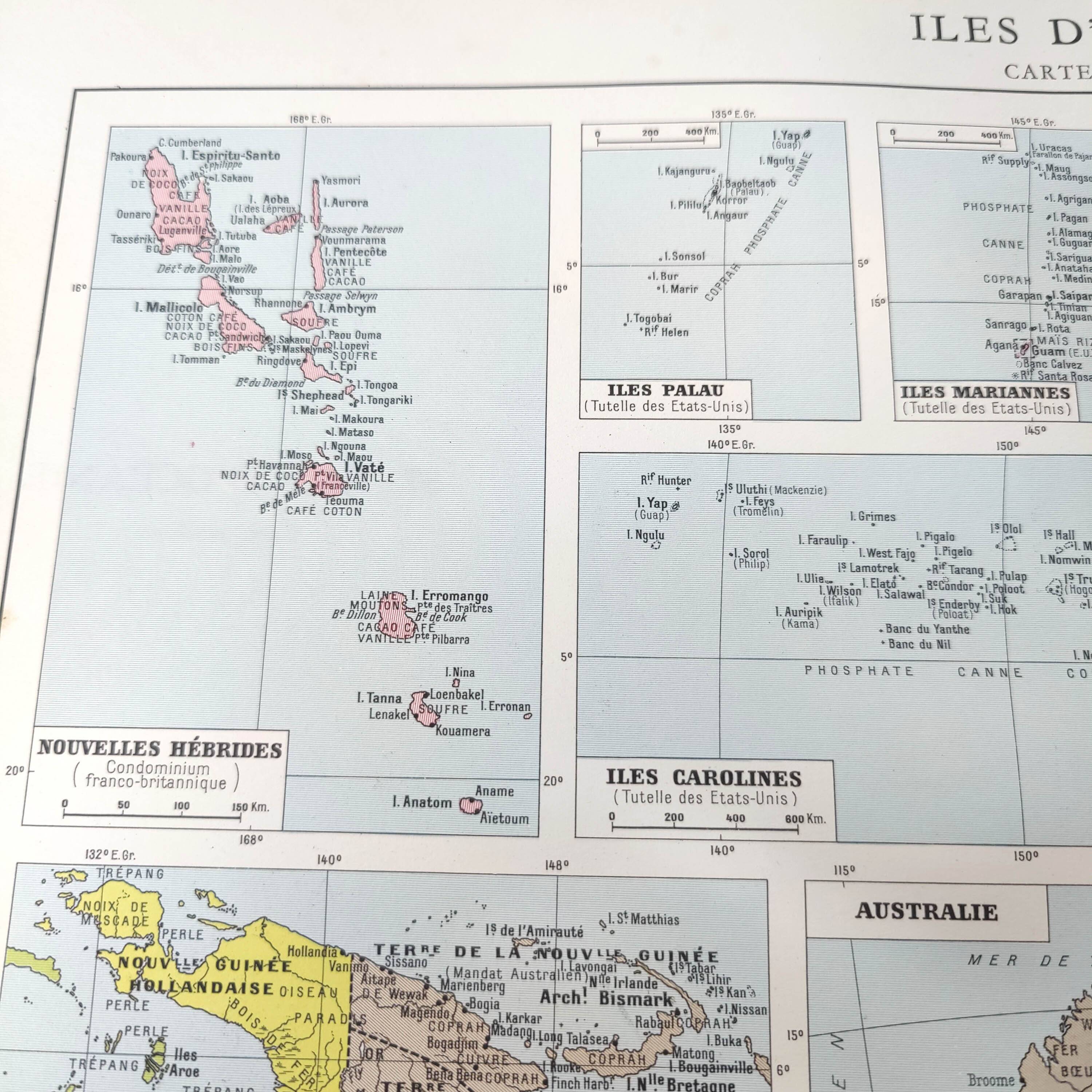 Vintage map on the islands of Oceania Australia Hawaii 43x43cm from 1950