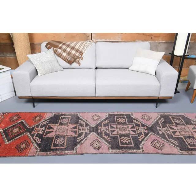 Vintage Turkish hand-knotted wool cotton pink runner 82x312