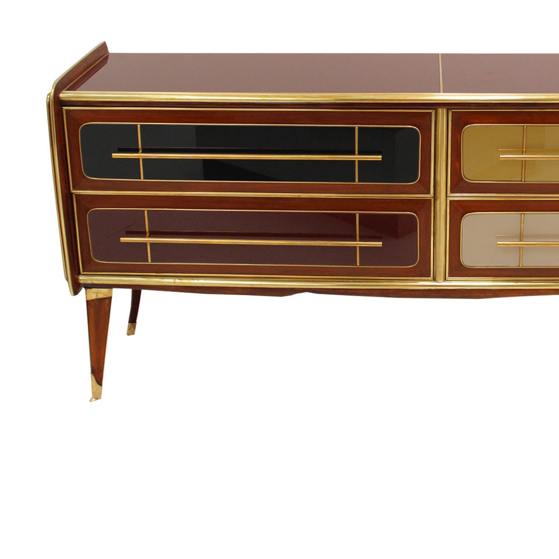 Italain Sideboard Made Of Solid Wood And Covered With Colored Glass 1950S