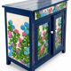 Petit buffet parisien peint bleu à décor d’hortensias