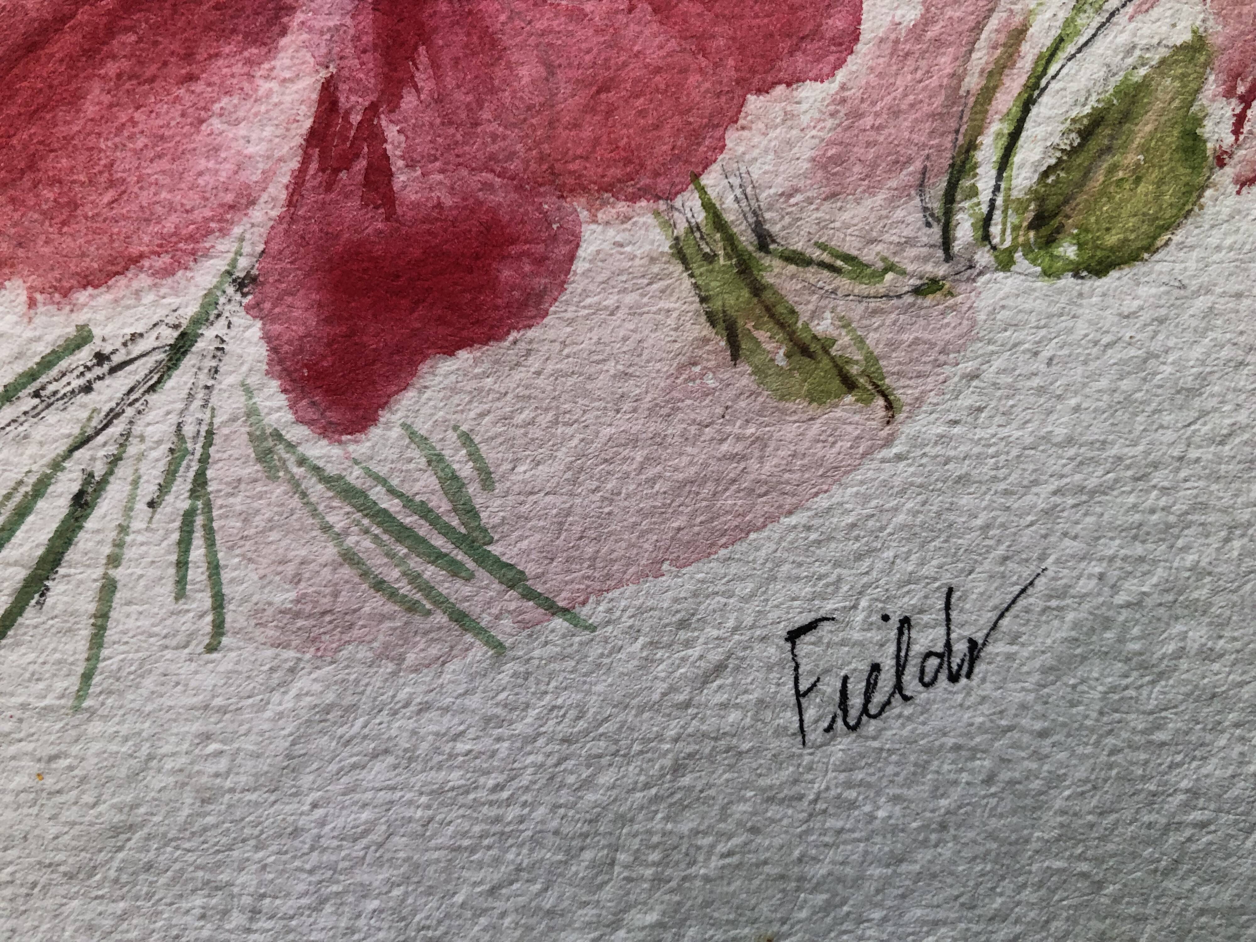 Watercolor flowers painting on paper, signed fields, undated, unframed, blue orange red naif